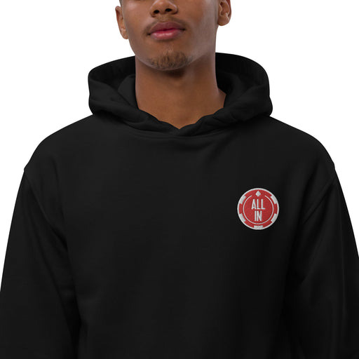 Represent the All-In Podcast in style with the black Hoodie, featuring a standout red embroidered poker chip logo and the words ALL-IN