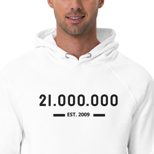 Bitcoin Hoodie - Embroidery 21.000.000 EST. 2009 - Merch White zoomed in