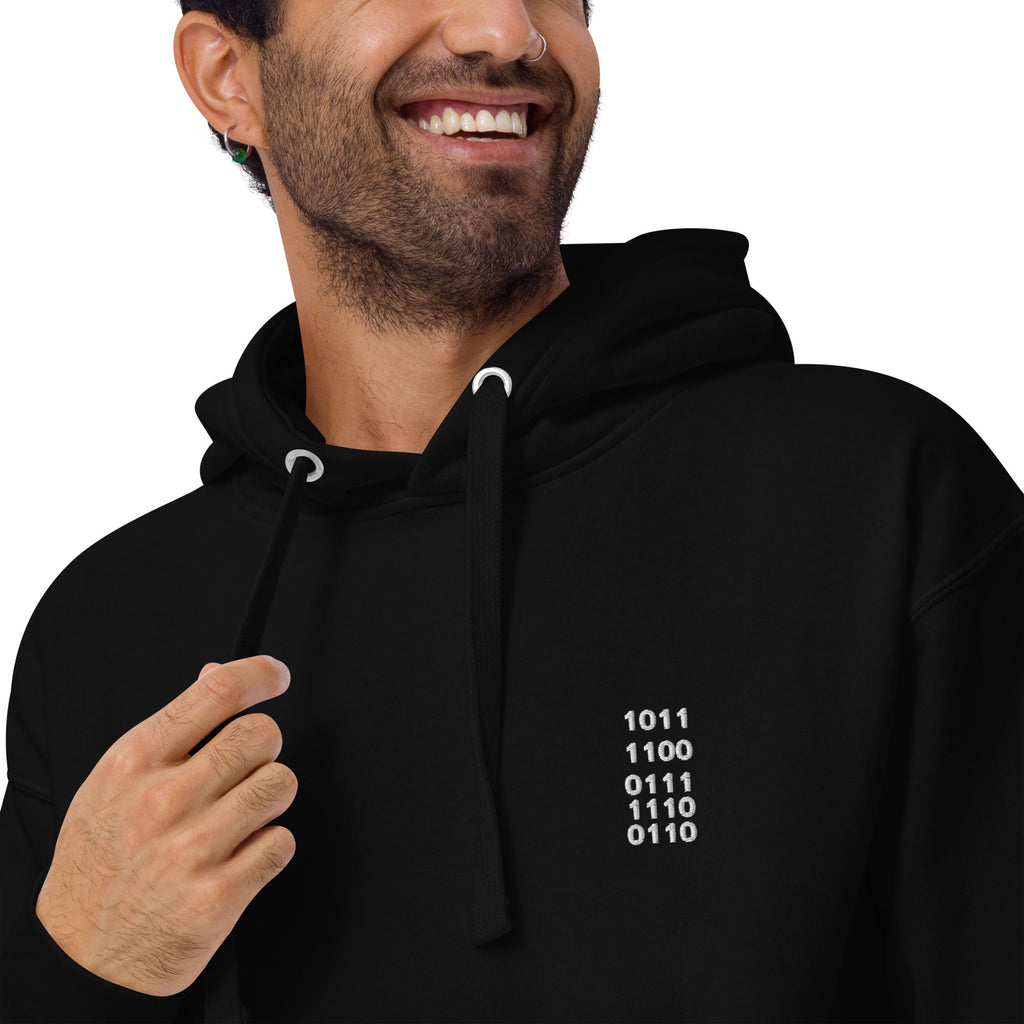 Matching couple hoodies in black with embroidered initials and anniversary date in binary code.