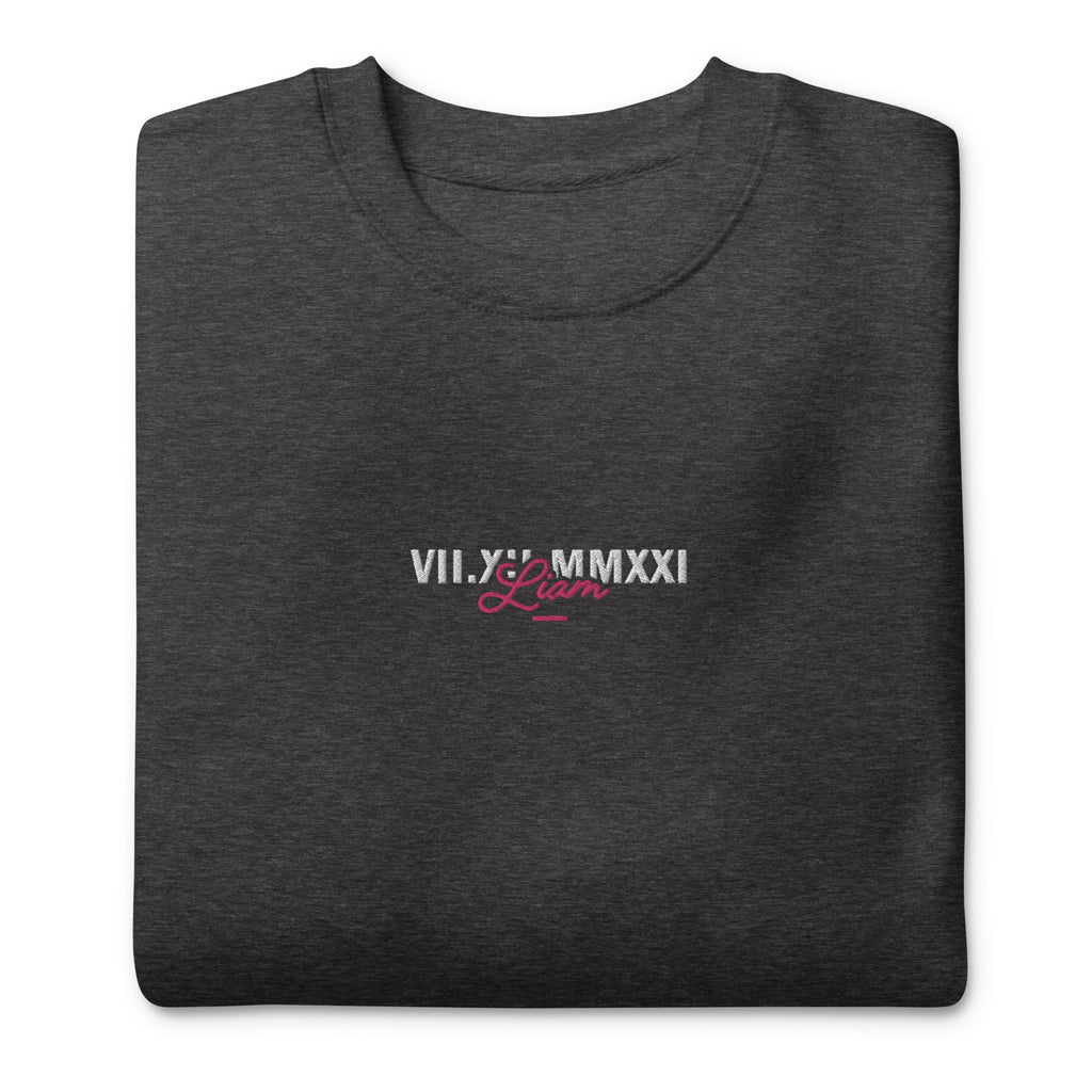 This best embroidered sweatshirt in charcoal heather is the perfect addition to your wardrobe, featuring a unique Roman numerals design and personalized touch.
